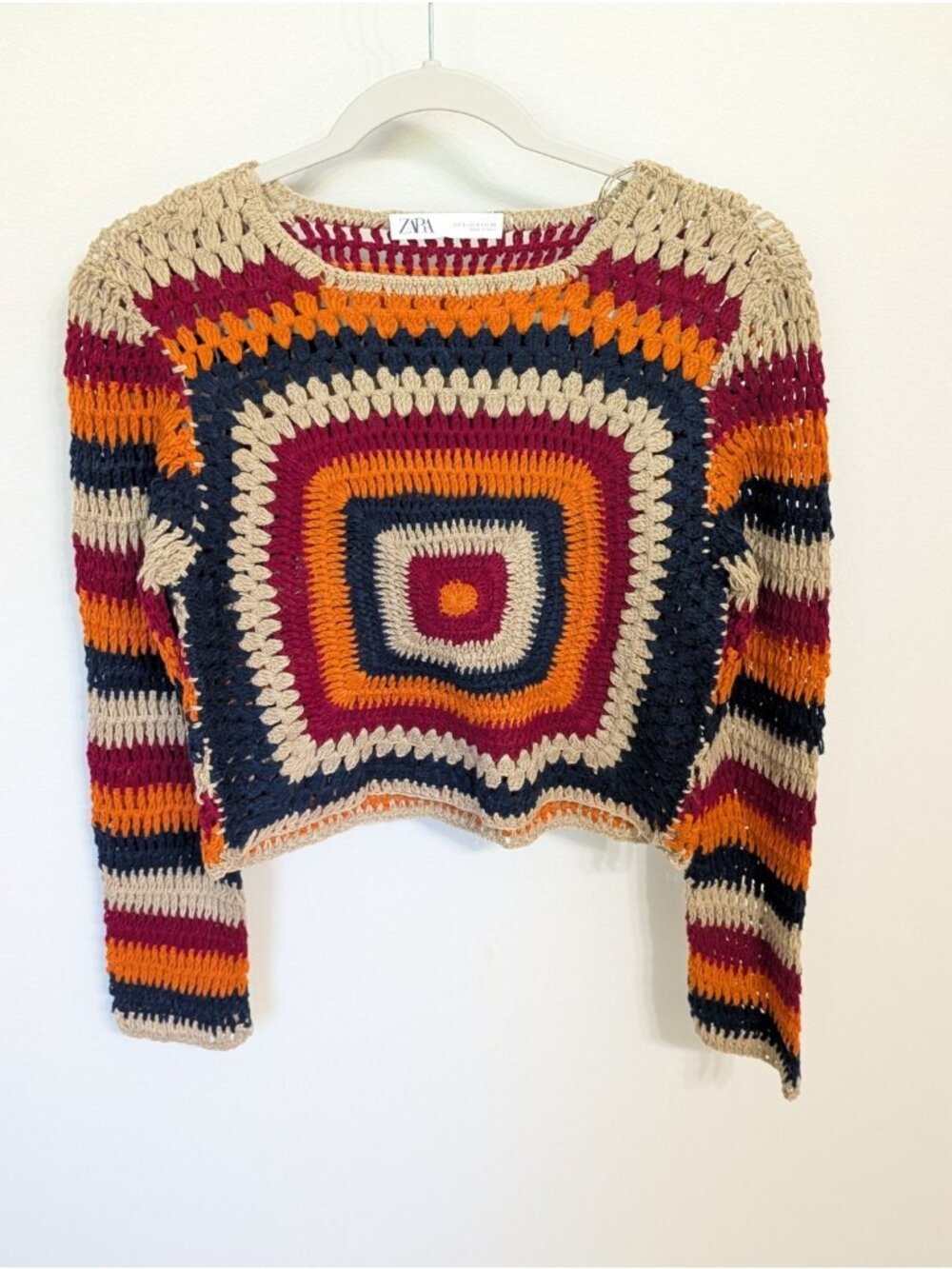 Zara Granny Square Crochet Open Knit Sz Small Sweater Boho Festival Hippie